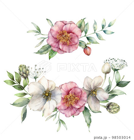 Watercolor floral set with anemones and roses. Hand painted holiday flowers, artichoke, buds and leaves isolated on a white background. Spring illustration for design, print, fabric or background. 98503014