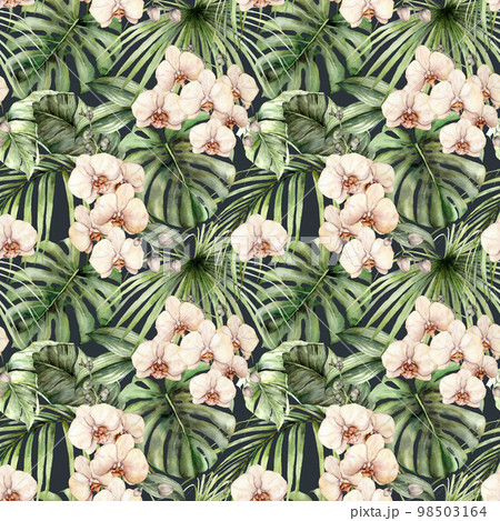 Watercolor seamless pattern with orchids and jungle palm leaves. Hand painted exotic flowers and leaves isolated on black background. Floral tropical illustration for design, fabric or background. 98503164