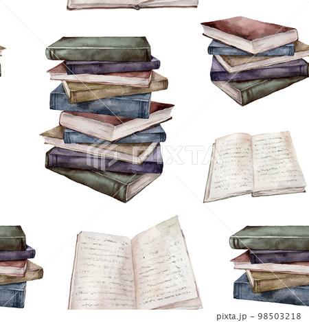 Watercolor vintage books seamless pattern. Hand painted stack of books isolated on white background. Illustration for design, print, fabric or background. 98503218