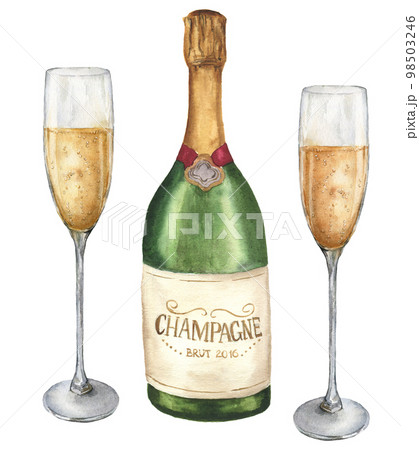 Watercolor Christmas card with champagne and glasses. Hand painted white wine isolated on white background. Holiday symbols. Seasonal trendy illustration for design or print. 98503246