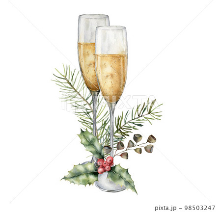 Watercolor Christmas card with wine glasses and holly. Hand painted white wine isolated on white background. Holiday symbols. Seasonal trendy illustration for design or print. Watercolor Christmas card with wine glasses and holly. Hand painted white wine isolated on white background. Holiday symbols. Seasonal trendy illustration for design or print. 98503247