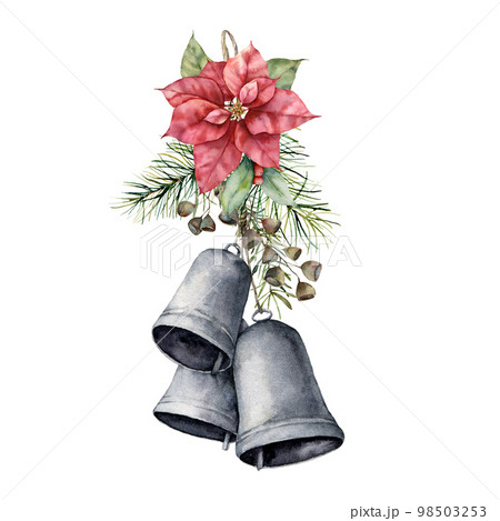 Watercolor Christmas bouquet with red poinsettia, bells and pine needle. Hand painted holiday flower, leaves and seeds isolated on white background. Illustration for design, print or background. Watercolor Christmas bouquet with red poinsettia, bells and pine needle. Hand painted holiday flower, leaves and seeds isolated on white background. Illustration for design, print or background. 98503253