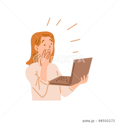 Woman expresses surprise at what she sees in laptop, flat vector isolated. Woman expresses surprise at what she sees in laptop, flat vector isolated. 98503272