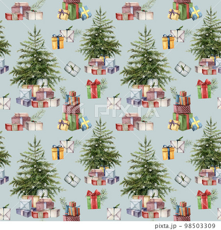 Watercolor Christmas tree seamless pattern with symbols for holiday. Hand painted multicolored gift boxes with bows isolated on blue background. Illustration for design, print, fabric or background. 98503309