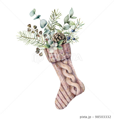 Watercolor Christmas sock with winter floral decor. Hand painted holiday symbol with fir branches, berries and seeds isolated on white background. Illustration for design, print, fabric or background. Watercolor Christmas sock with winter floral decor. Hand painted holiday symbol with fir branches, berries and seeds isolated on white background. Illustration for design, print, fabric or background. 98503332