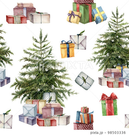 Watercolor Christmas tree seamless pattern with holiday symbols. Hand painted multicolored gift boxes with bows isolated on white background. Illustration for design, print, fabric or background. Watercolor Christmas tree seamless pattern with holiday symbols. Hand painted multicolored gift boxes with bows isolated on white background. Illustration for design, print, fabric or background. 98503336