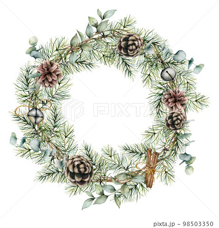 Watercolor Christmas wreath with pine cones decor. Hand painted card with bells, cinnamon, eucalyptus and pine branches isolated on white background. Floral illustration for design or print. 98503350