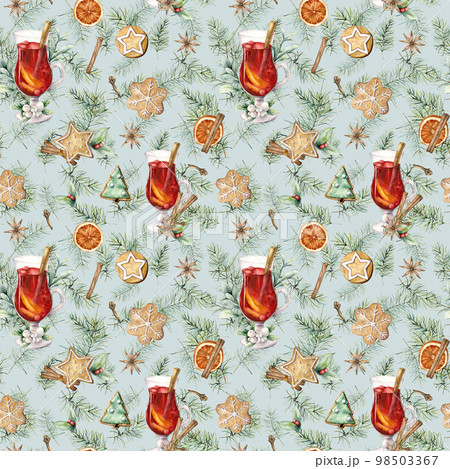 Watercolor Christmas seamless pattern with mulled wine. Hand painted cinnamon, gingerbread and fir branch isolated on blue background. Winter illustration for design, print, fabric or background. 98503367