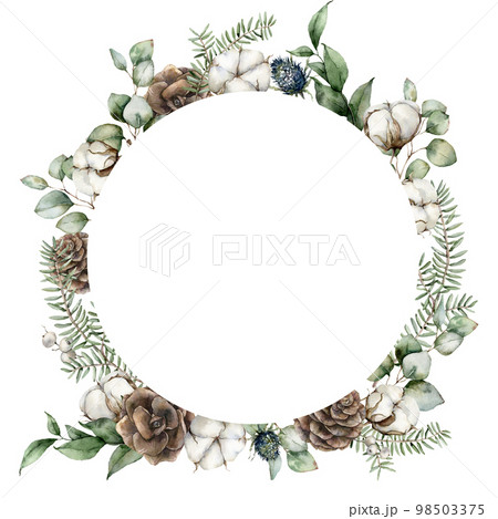 Watercolor Christmas circle frame with pine cones, eucalyptus leaves, fir branches and cotton flowers. Hand painted holiday illustration isolated on white background. For design, print or background. 98503375