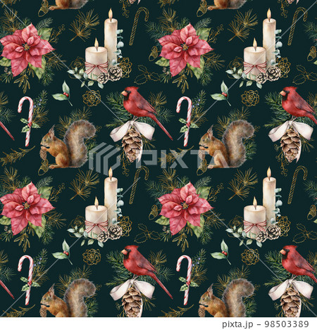 Watercolor Christmas golden seamless pattern with animal and plant. Hand painted squirrel, candles and poinsettia isolated on black background. Illustration for design, print, fabric or background. 98503389