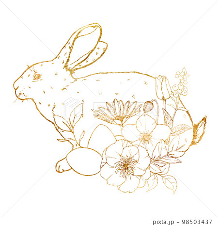 Watercolor Easter card with golden bunny, flowers and eggs. Hand painted rabbit, anemones, chamomile and leaves isolated on white background. Spring illustration for design, print, fabric, background. Watercolor Easter card with golden bunny, flowers and eggs. Hand painted rabbit, anemones, chamomile and leaves isolated on white background. Spring illustration for design, print, fabric, background. 98503437