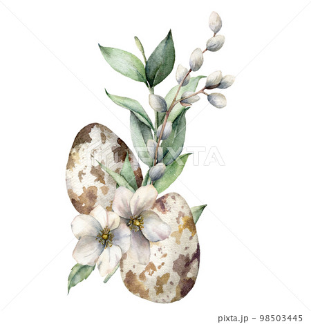 Watercolor card with eggs and floral decor. Hand painted composition with anemones and willow branch isolated on a white background. Spring wildlife illustration for design, print or background. Watercolor card with eggs and floral decor. Hand painted composition with anemones and willow branch isolated on a white background. Spring wildlife illustration for design, print or background. 98503445