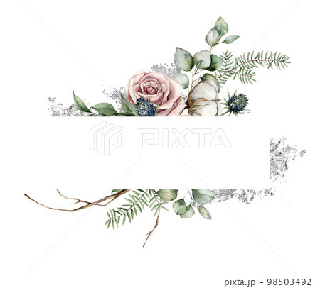 Watercolor Christmas frame with silver foil, pink rose, cotton, blue Thistle and eucalyptus. Hand painted holiday card isolated on white background. Illustration for design, print or background. 98503492