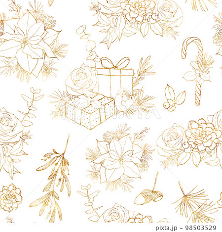Watercolor Christmas golden seamless pattern. Hand painted linear poinsettia, roses, giftboxes and bells isolated on white background. Holiday line art illustration for design, print or background. Watercolor Christmas golden seamless pattern. Hand painted linear poinsettia, roses, giftboxes and bells isolated on white background. Holiday line art illustration for design, print or background. 98503529