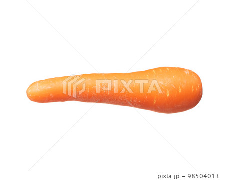 Carrot fresh full length fly in air. Beta Carotene orange color in Carrot is good health. Natural raw surface of carrot with root. White background isolated, high speed shutter 98504013