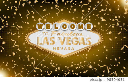 Classic retro gold Welcome to Las Vegas sign on gold background. Happy background. Simple modern vector style illustration. Vector colourful serpentine and confetti. Classic retro gold Welcome to Las Vegas sign on gold background. Happy background. Simple modern vector style illustration. Vector colourful serpentine and confetti. 98504031
