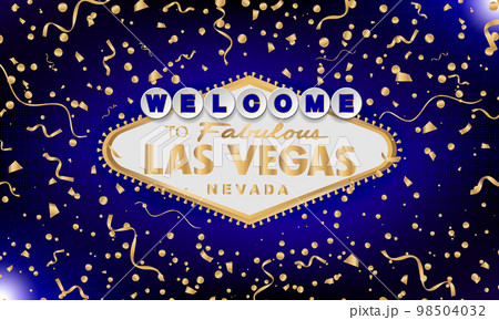 Classic retro gold Welcome to Las Vegas sign on blue background. Happy background. Simple modern vector style illustration. Vector colourful serpentine and confetti. 98504032