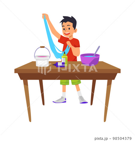 Child boy making and playing with slime toy, flat vector illustration isolated. 98504379