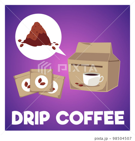 Drip coffee filters packs symbols at dark background flat vector illustration. 98504507