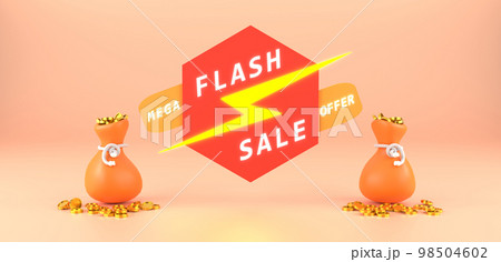 3D Rendering. Flash sale banner design with the Gold coin bag. Special Offer day and MEGA discounting. 3D Rendering. Flash sale banner design with the Gold coin bag. Special Offer day and MEGA discounting. 98504602