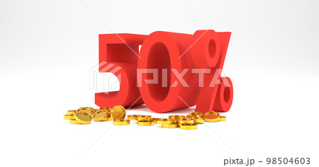 3D Rendering. 50 percent off with gold coin and white background. Special Offer 50% Discount Tag. Super sale offer. 3D Rendering. 50 percent off with gold coin and white background. Special Offer 50% Discount Tag. Super sale offer. 98504603