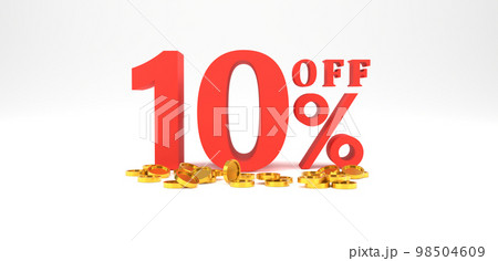 3D Rendering. 10 percent off with gold coin and white background. Special Offer 10% Discount Tag. Super sale offer and best seller. 98504609