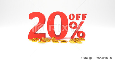 3D Rendering. 20 percent off with gold coin and white background. Special Offer 20% Discount Tag. Super sale offer and best seller. 98504610