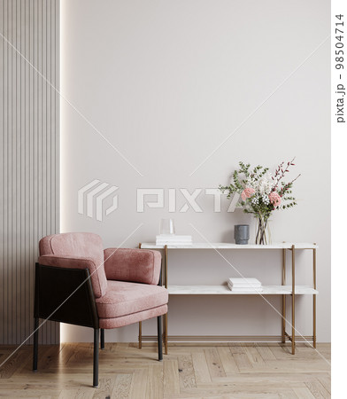 Modern classic interior with paneling, pink chair, wood floor and console with decorations. 3d rendering 98504714