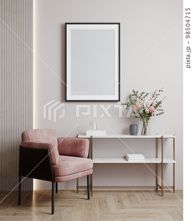 Mockup poster frame in modern interior, beige room with pink chair, decoration and flowers, 3d render 98504715