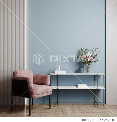 living room interior background with pink armchair and stylish furniture, empty blue wall mock up, 3d rendering 98504716