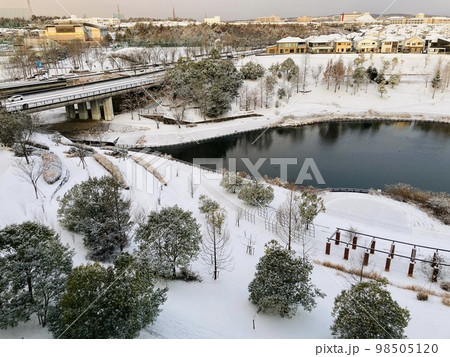 雪が降り積もった三田市の風景 98505120