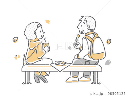 お茶を飲みながら桜を楽しむシニア夫婦　シンプルでお洒落な線画イラスト 98505125