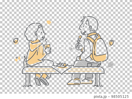 お茶を飲みながら桜を楽しむシニア夫婦　シンプルでお洒落な線画イラスト 98505125