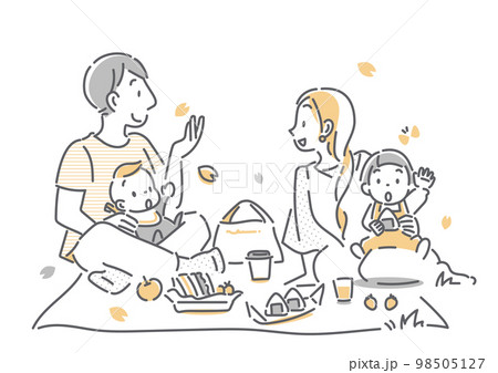 お花見を楽しむ4人家族 シンプルでお洒落な線画イラスト お花見を楽しむ4人家族 シンプルでお洒落な線画イラスト 98505127