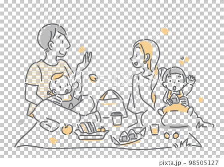 お花見を楽しむ4人家族 シンプルでお洒落な線画イラスト お花見を楽しむ4人家族 シンプルでお洒落な線画イラスト 98505127