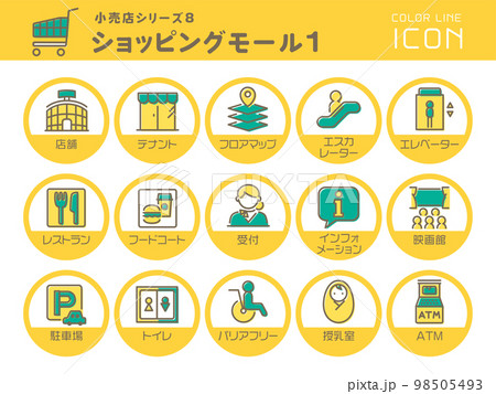 小売店シリーズ8　ショッピングモール1　カラーラインアイコンのセット 98505493