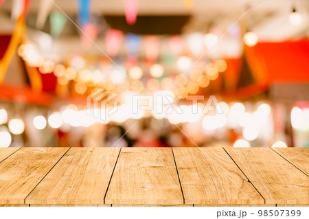 blur night market shopping festival walking street light with wooden space for advertising montage background 98507399