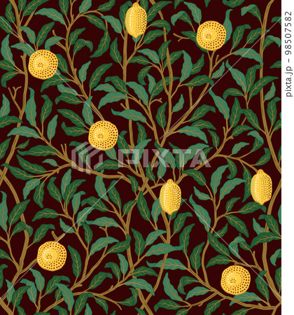 Vintage tropical fruit seamless pattern on dark background. Lemons in foliage. Middle ages William Morris style. Vector illustration Vintage tropical fruit seamless pattern on dark background. Lemons in foliage. Middle ages William Morris style. Vector illustration 98507582