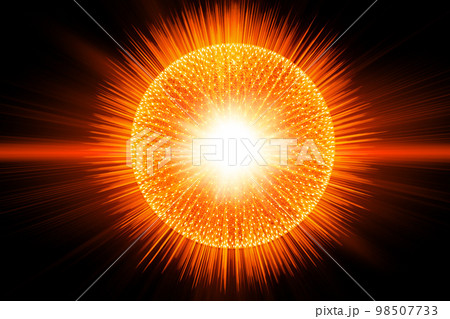 3D illustration Atom nucleus explosive break apart release energy and radiation light science illustration concept. 98507733
