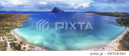 Sardegnia island nature scenery and best beaches. Aerial drone panoramic view of stunning Tavolara island and beach. Italy 98508364