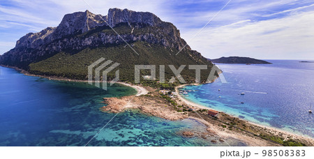 aerial drone panoramic view of splendid island and beach Tavolara in Sardegna, Italy.  98508383