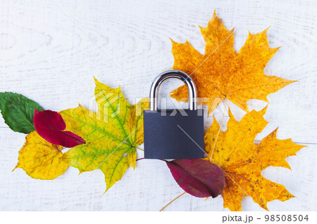 Autumn bans. Closing of autumn season. Yellow autumn foliage and hinged castle on white background. 98508504
