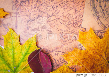 Traveler's map in autumn leaves. Travel in autumn. Vintage map and leaves. 98508505