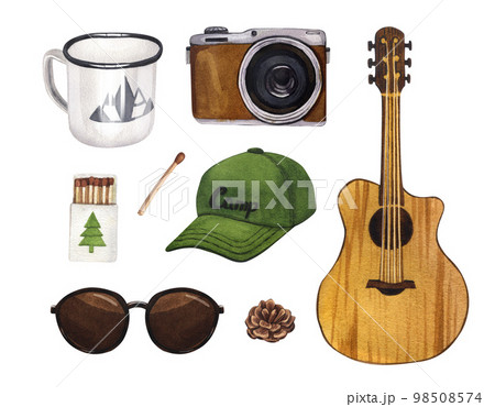 Camping, hiking equipment for trekking tourists watercolor set. Summer travel tools collection. Hand-drawn illustration isolated on white background. Concept for trip, journey, campsite elements 98508574