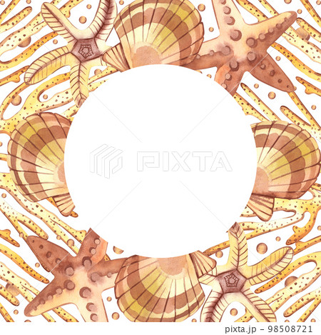 Sea. Round frame of starfish and shells, pearls on a white background. All elements are hand-drawn in watercolor on a white background. Suitable for printing on paper, fabric scrapbooking Sea. Round frame of starfish and shells, pearls on a white background. All elements are hand-drawn in watercolor on a white background. Suitable for printing on paper, fabric scrapbooking 98508721