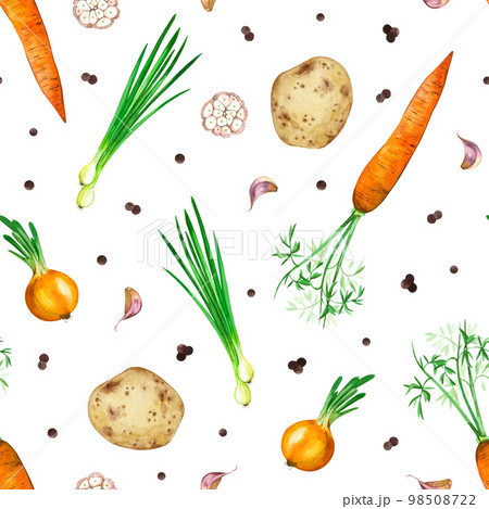 Seamless pattern of vegetables on a white background. carrots, onions, potatoes, garlic hand drawn watercolor. for print, fabric, wallpaper, scrapbooking Seamless pattern of vegetables on a white background. carrots, onions, potatoes, garlic hand drawn watercolor. for print, fabric, wallpaper, scrapbooking 98508722