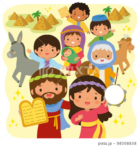 The Passover story of the escape from Egypt. Cartoon Israelites leaving Egypt with Moses holding the stone tablet and Miriam playing the tambourine. One Israelite is holding a Matzah. 98508838
