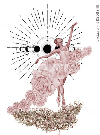 Watercolor dancing pink pretty ballerina with flowers and moon. Watercolor hand drawn illustration. Can be used for cards or posters. With white isolated background. Young  pretty ballerina women. 98508849