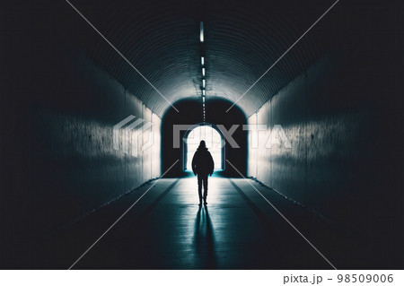 Human silhouette walking in a dark underground passageway, light at the end of the tunnel concept. Generative AI illustration with copy space Human silhouette walking in a dark underground passageway, light at the end of the tunnel concept. Generative AI illustration with copy space 98509006