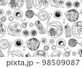 European food seamless pattern top view plates dishes table black and white 98509087